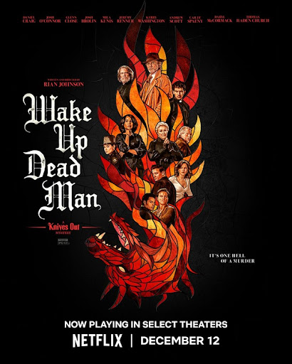 The film poster showing the film's main characters arranged in a stained-glass window that looks like flames and ends in a upside-down dragon head.