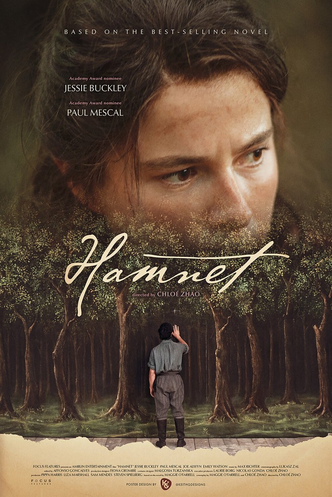 The movie poster showing the top half of Agnes' (Jessie Buckley) face above Will (Paul Mescal) who is pushing his hand against a painted forest on a stage.
