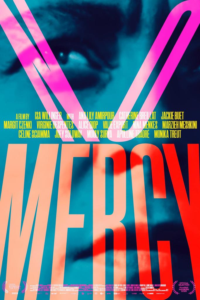 The movie poster showing part of a face - one eye, nose, mouth, looking worried or suspicious. The letters of the film title are superimposed over it. 