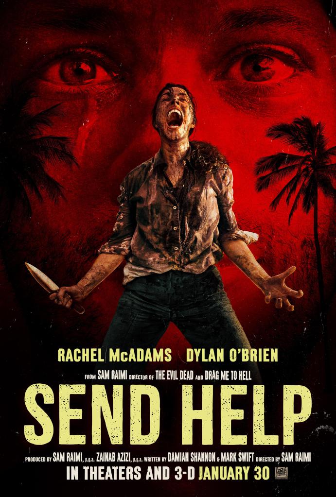 The movie poster showing a screaming, bloody Linda (Rachel McAdams) holding a knife in front of a large, red close-up of a crying Preston (Dylan O'Brien) with tears streaming down his face, as well as palm trees.