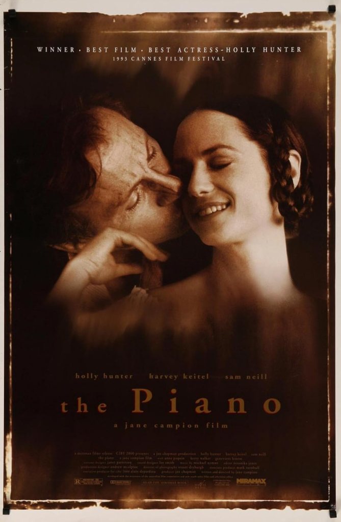 The movie poster showing Ada (Holly Hunter) smiling as George (Harvey Keitel) kisses her cheek from behind.