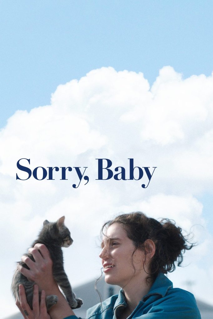 The movie poster showing mostly blue sky and below it Agnes (Eva Victor) holding up a kitten to her face.