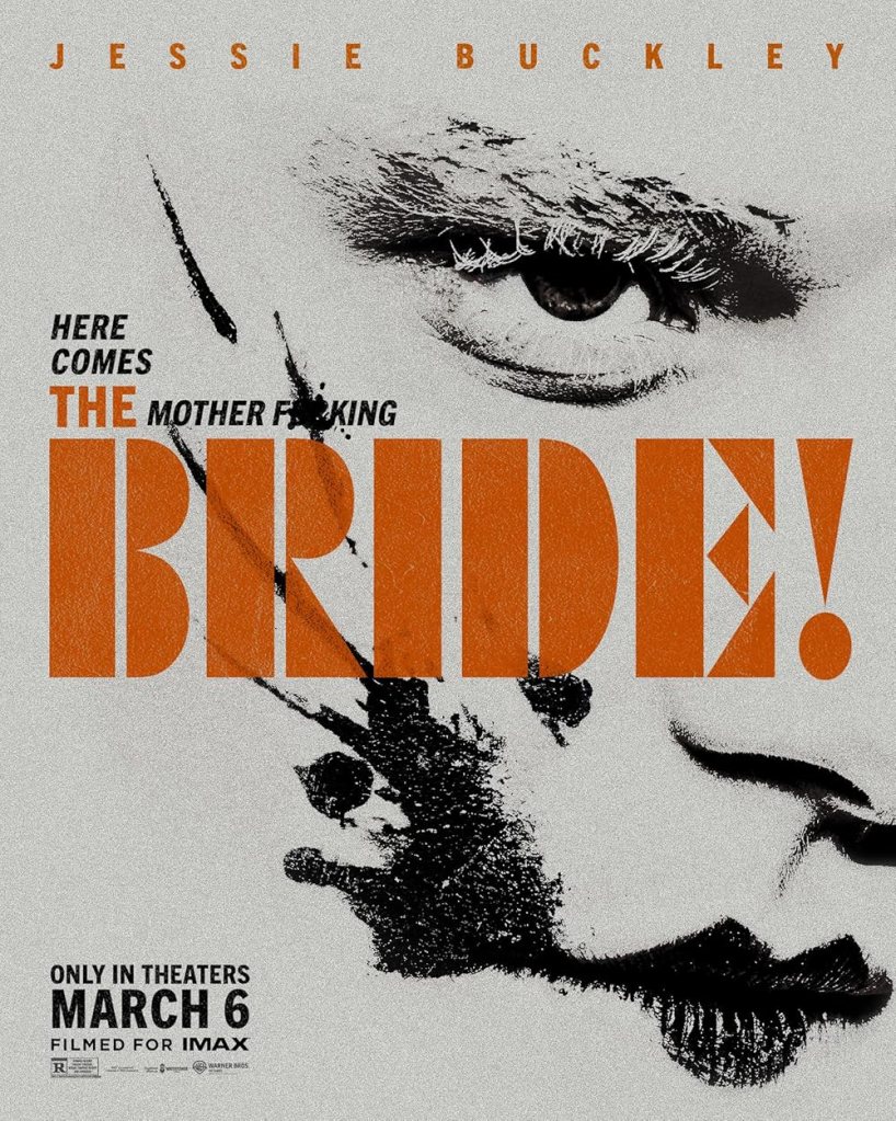 The movie poster showing one of The Bride's (Jessie Buckley) eyes as well as her nose and mouth. There is a black blot on her cheek, extending from the mouth. The whole image is black on white.