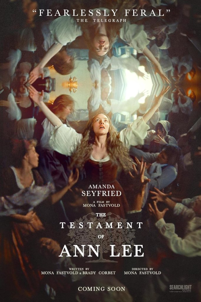 The movie poster showing Ann Lee (Amanda Seyfried) dancing in a crowd. The image is mirrored along a horizontal axis, so she is looking up and down at herself at the same time as she dances.