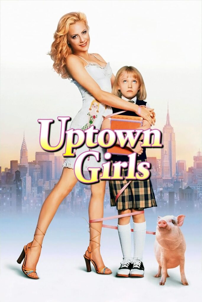 The movie poster showing a smiling Molly (Brittany Murphy) holding an annoyed looking Ray (Dakota Fanning). A leash with a pig is twisted around their legs.