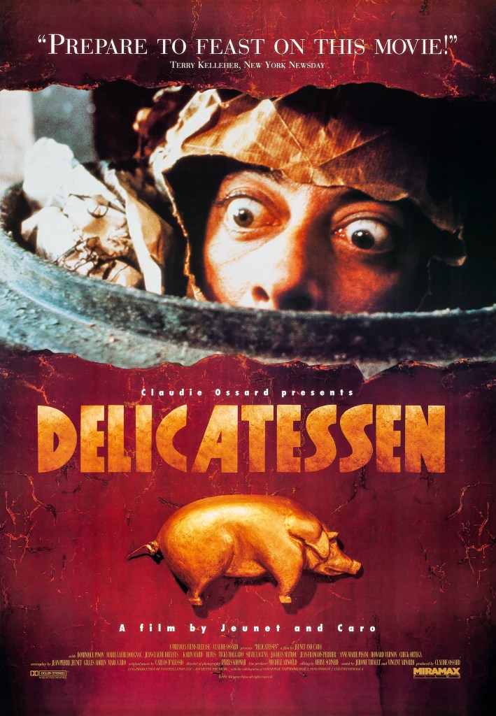The movie poster showing a man peeking out of a trash can. Below him is a relief of a pig.