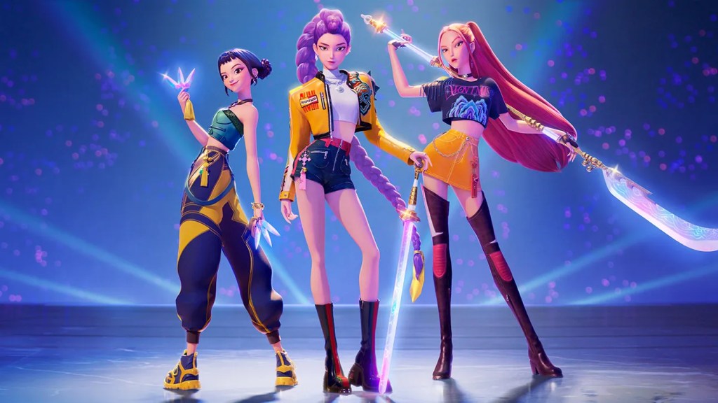 Rumi (Arden Cho), Mira (May Hong) and Zoey (Ji-young Yoo) posing with glowing weapons.