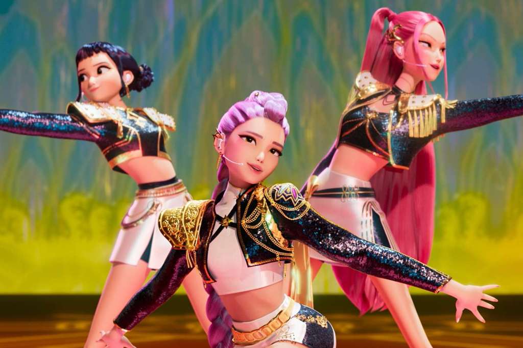 Rumi (Arden Cho), Mira (May Hong) and Zoey (Ji-young Yoo) dancing during their show.