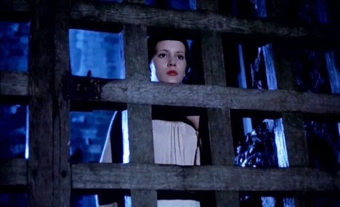 Jennifer (Annie Belle) looking through the castle gate.