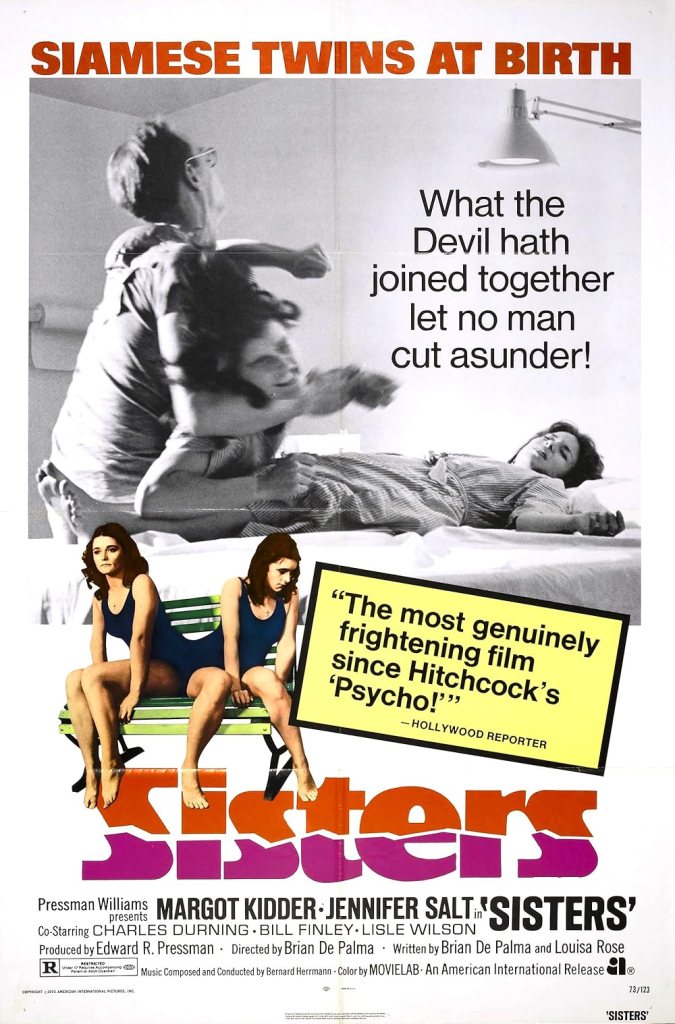 The movie poster showing a man holding a woman back or pulling her off another woman who is lying unconscious on the bed. Below that we can see a bench with Danielle and Dominique (Margot Kidder, twice) who appear to be joined at the hip. 