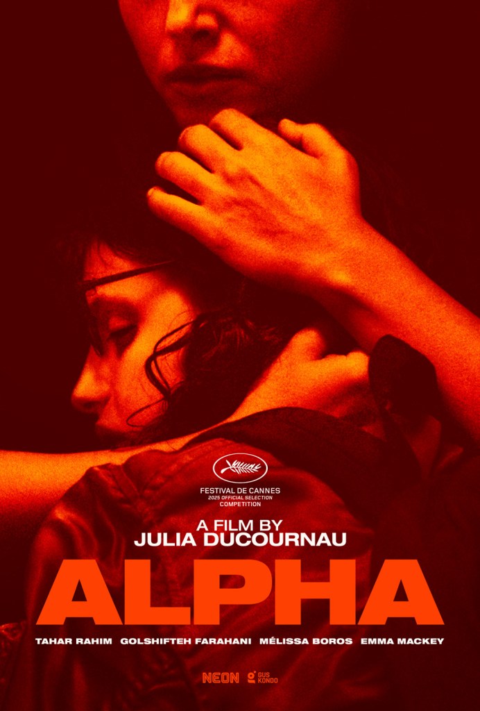 The movie poster showing Alpha (Mélissa Boros) being held tightly by her mother (Golshifteh Farahani). The image is red and black only.