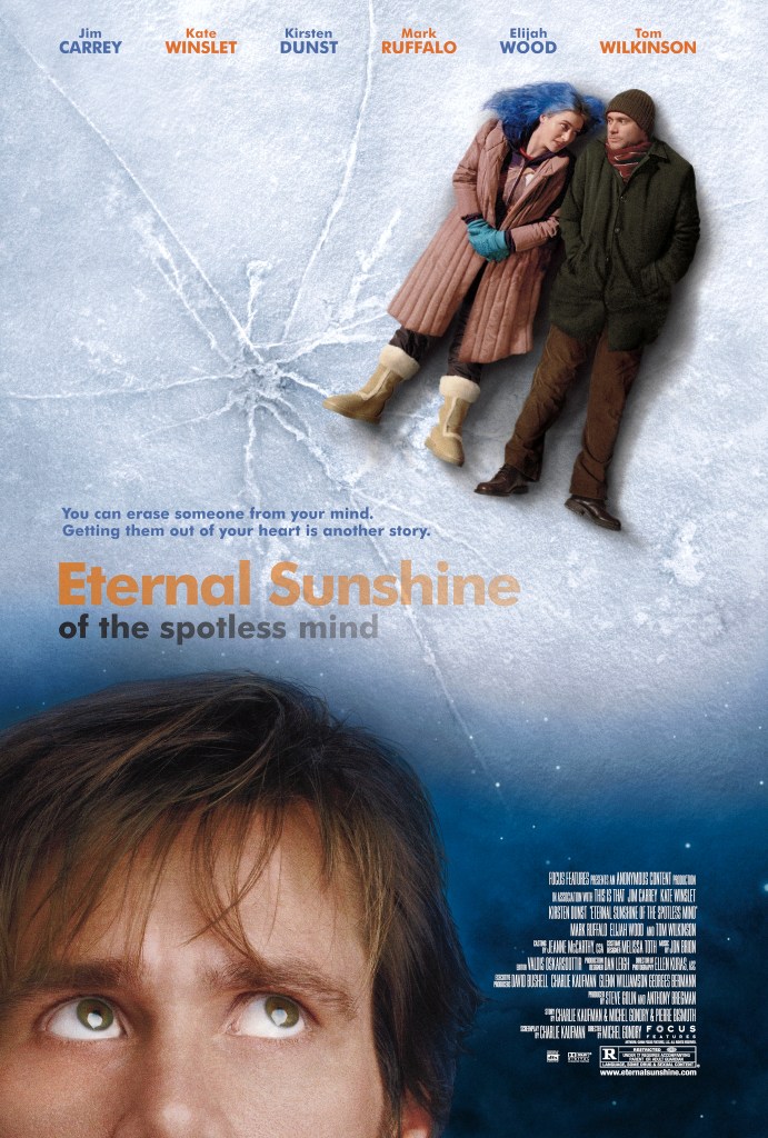 The movie poster showing a close-up of Joel (Jim Carrey) looking to the upper right corner of the poster where a smaller Joel is lying on cracked ice together with Clementine (Kate Winslet) who has blue hair.