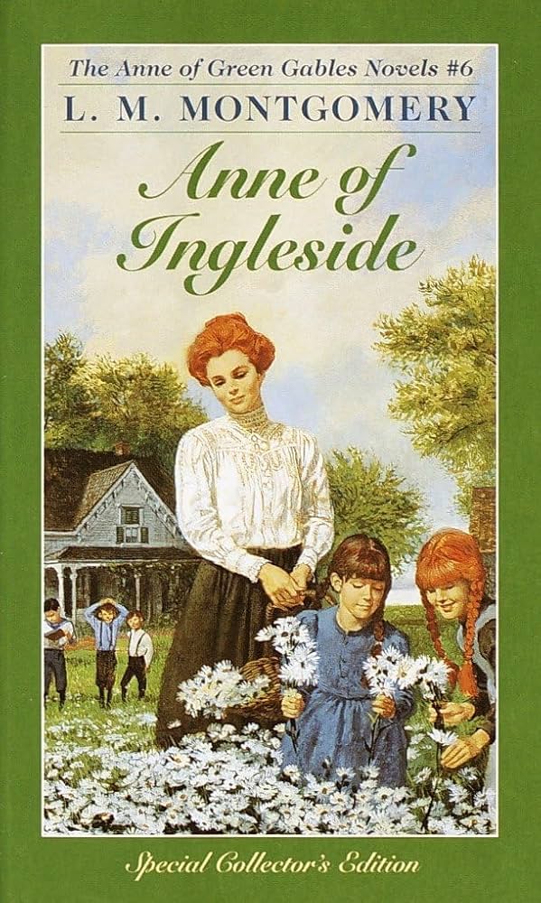 The book cover showing an illustration of a red-headed woman smiling down at two girls, one with brown hair, one with red, who are picking flowers for the woman's basket. Behind them are three boys in front of a house.