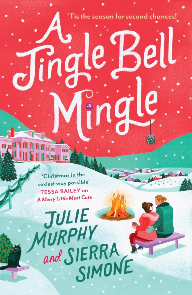 The book cover showing an illustration of a woman and a man sitting on a bench in a winter landscape. There is a bonfire next to them and we can see a mansion in the background, as well as a small town. There is another bench with a black cat on it.