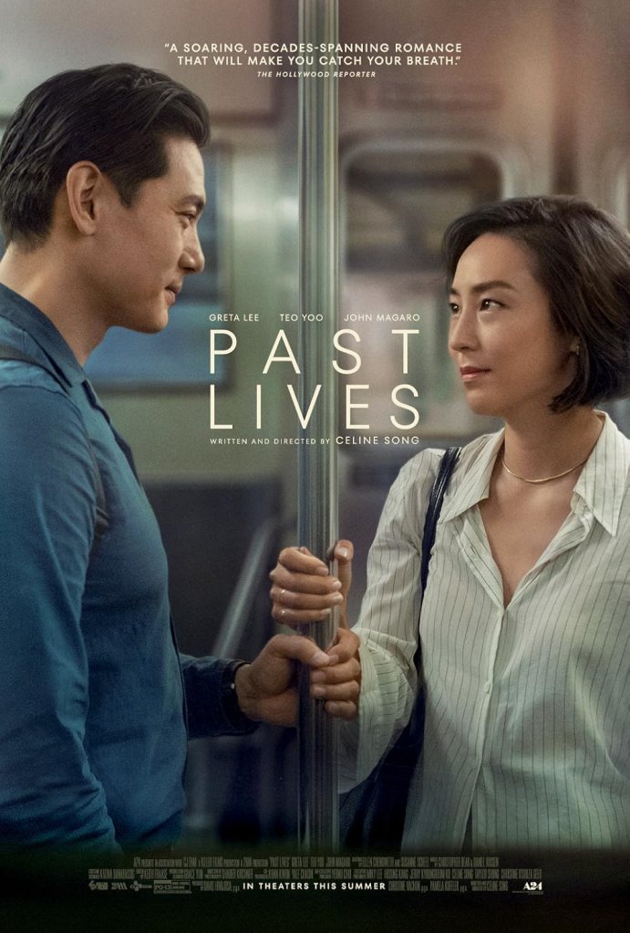 The movie poster showing Hae Sung (Teo Yoo) and Nora (Greta Lee) looking intensely at each other as they hold on to the same pole on a subway train.