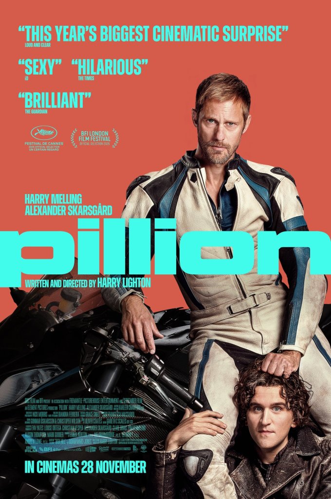 The movie poster showing Ray (Alexander Skarsgård) leaning against his motor cycle in full biker gear. Colin (Harry Melling) is crouched between his legs. Ray is grabbing a fistful of Colin's hair. 