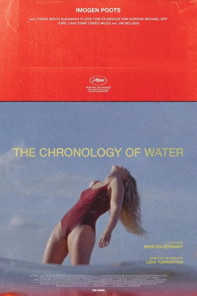 The movie poster showing Lidia (Imogen Poots) standing in a lake in a red swimming suit, leaning far back. 