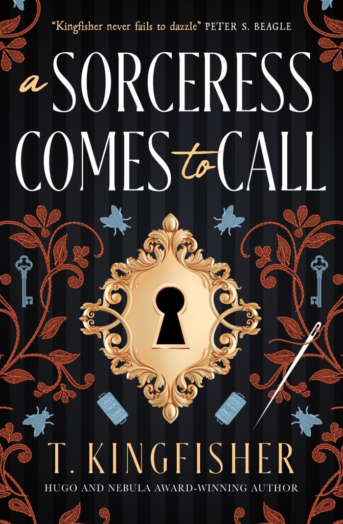 The book cover showing an ornate golden lock on a black background that has stitched leaves, flies, trays and keys on it