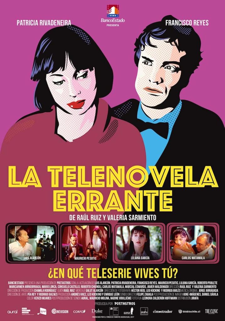 THe movie poster showing a woman and a man in a kind of Roy Liechtenstein style print. Below them are four TV screens showing various characters. 
