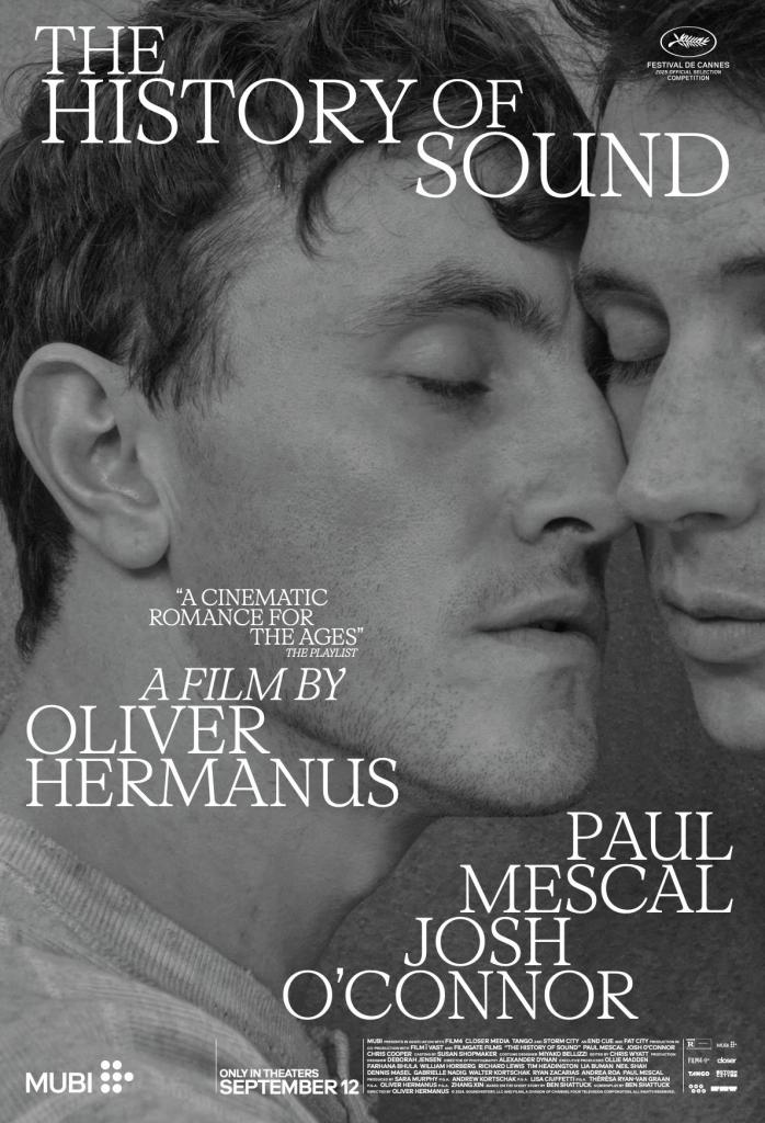 The movie poster showing a black and white image of Lionel (Paul Mescal) and David (Josh O'Connor) with their faces pushed very close together. Their eyes are closed. David is almost out of the image, at its very edge.