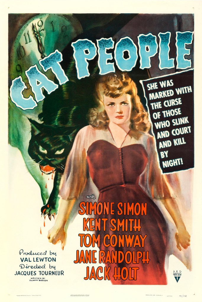 The movie poster showing a drawing of Irena (Simone Simon) in a sexy pose. Behind her is a black panther with blood dripping from its mouth, and a clock striking midnight.