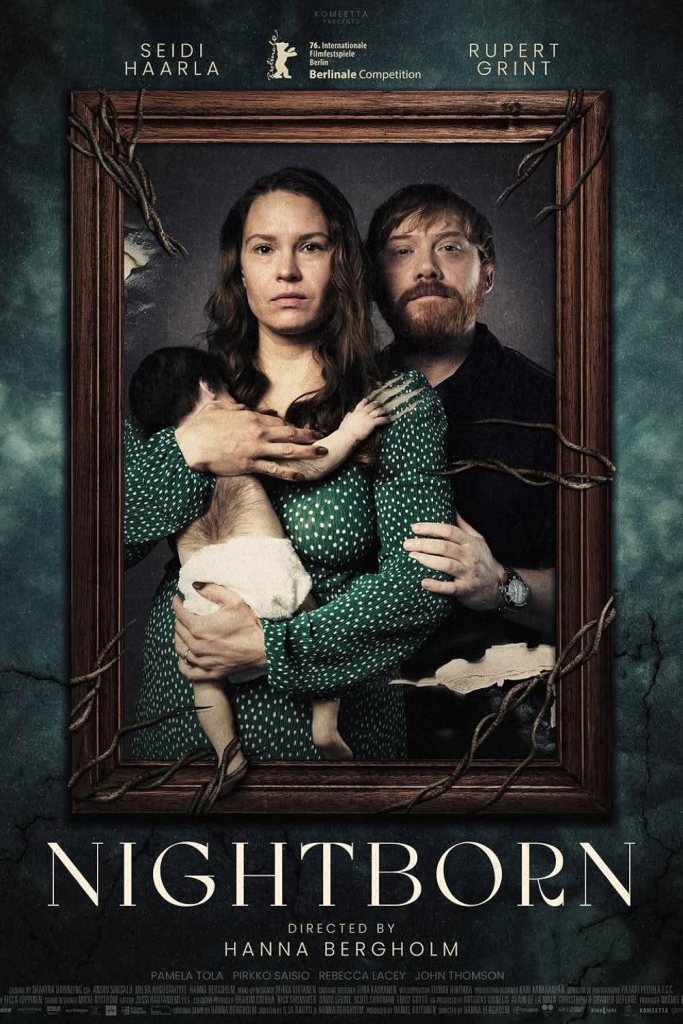 The movie poster showing Saga (Seidi Haarla) and Jon (Rupert Grint) standing together in a family portrait. Saga is holding a baby that has a hairy back and is clawing her shoulder. 