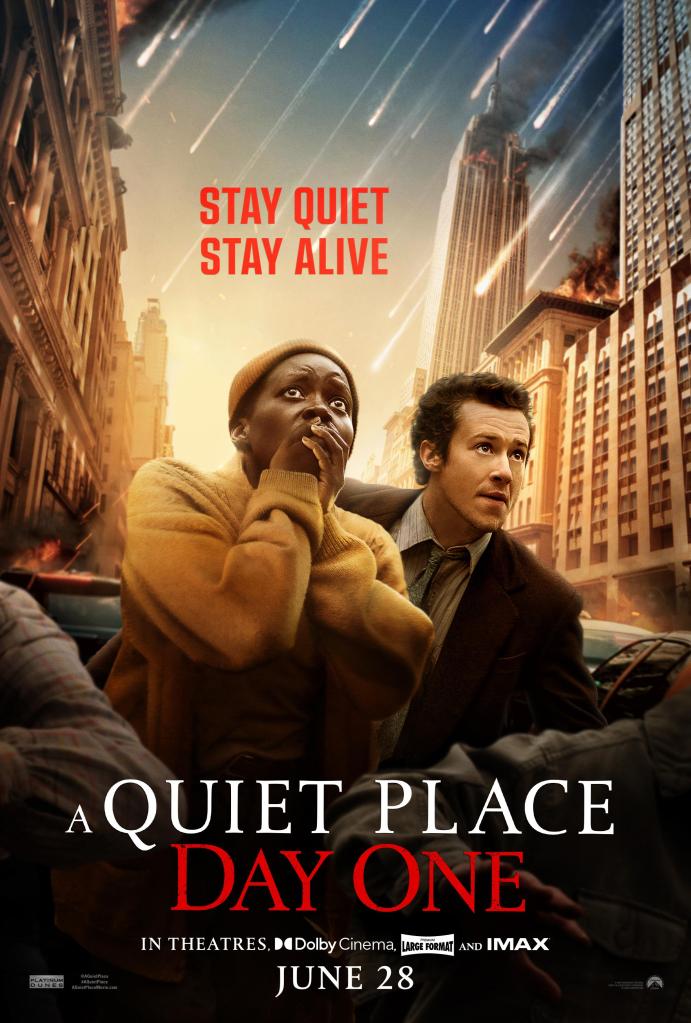The movie poster showing Sam (Lupita Nyong'o) and Eric (Joseph Quinn) huddled together on a street. Sam is covering her mouth with her hands. Behind them, buildings are burning and some kind of shrapnell, meteors or rockets, are zipping down from the sky.