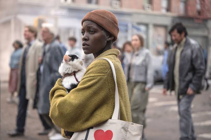 Sam (Lupita Nyong'o) standing on the street. She is dusty and looks shocked. She carries a cat in her arms.