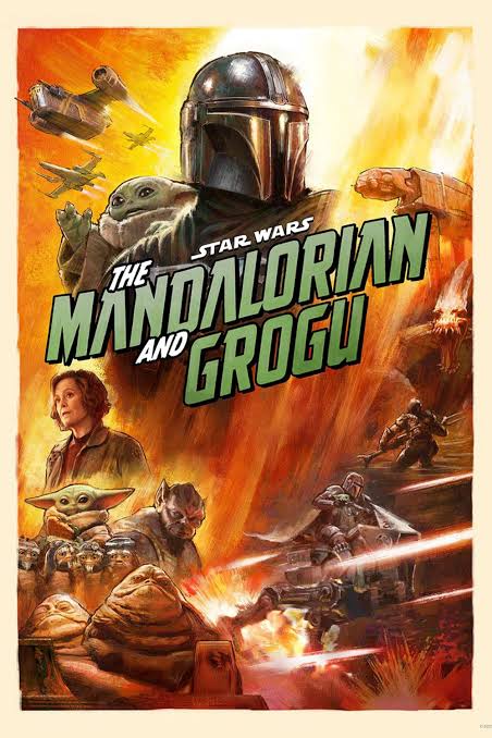 The movie poster drawn in the style of the 70s posters with the Mandalorian and Grogu in the center, other characters, spaceships and explosions around them. 