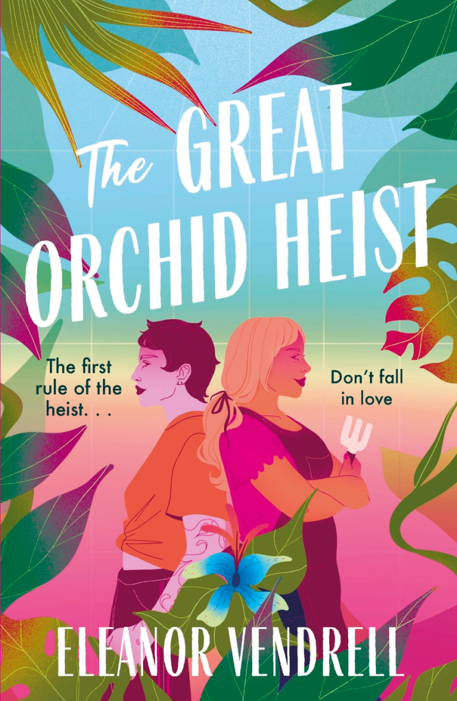 The book cover showing a graphic of two women leaning back to back. One is holding a trowel. The colors used for them are mostly orange, pink and red. They are surrounded by green leaves and a blue flower is blooming front and center.