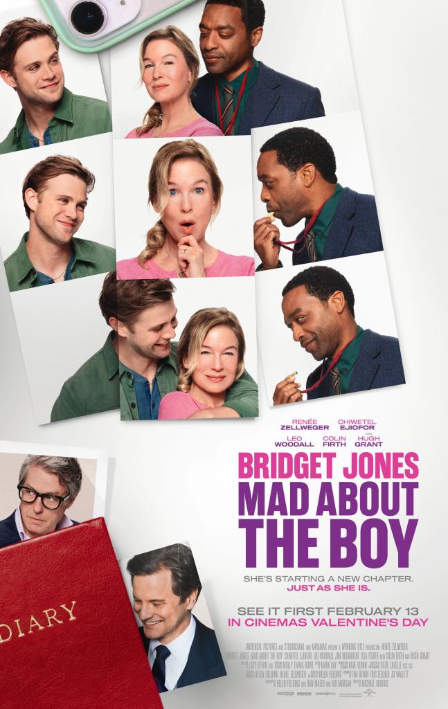 The movie poster showing three sets of three passport photos that partly overlap. One set shows Roxster (Leo Woodall), one Bridget (Renée Zellweger) and one Mr. Walliker (Chiwetel Ejiofor). Two photos at the top overlap so that Mr. Walliker is hugging Bridget, and another two photos at the bottom, so that Roxster is hugging bridget. Below those photos is a red diary out of which a picture of Daniel (Hugh Grant) and Mark (Colin Firth) are sticking. 