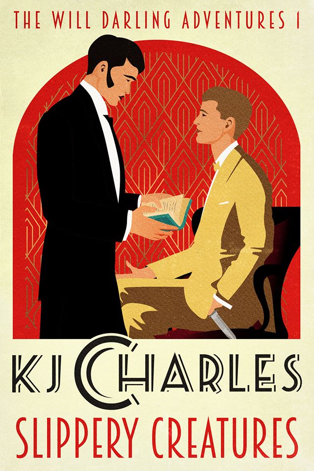 The book cover showing a graphic of two men. One has dark hair and a dark suit. He stands reading. The other has blond hair and a yellow suit. He is sitting down with a knife concealed by his leg.