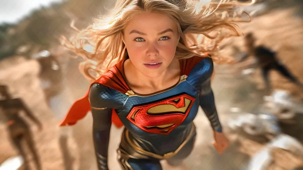 Kara aka Supergirl (Milly Alcock) flying off. Behind her are various humanoid figures.