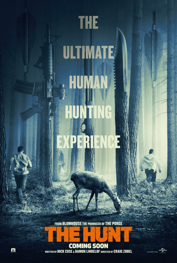 The movie poster showing three people running through a forest. The trees are weapons at the top. There is a deer peacefully grazing in the center.
