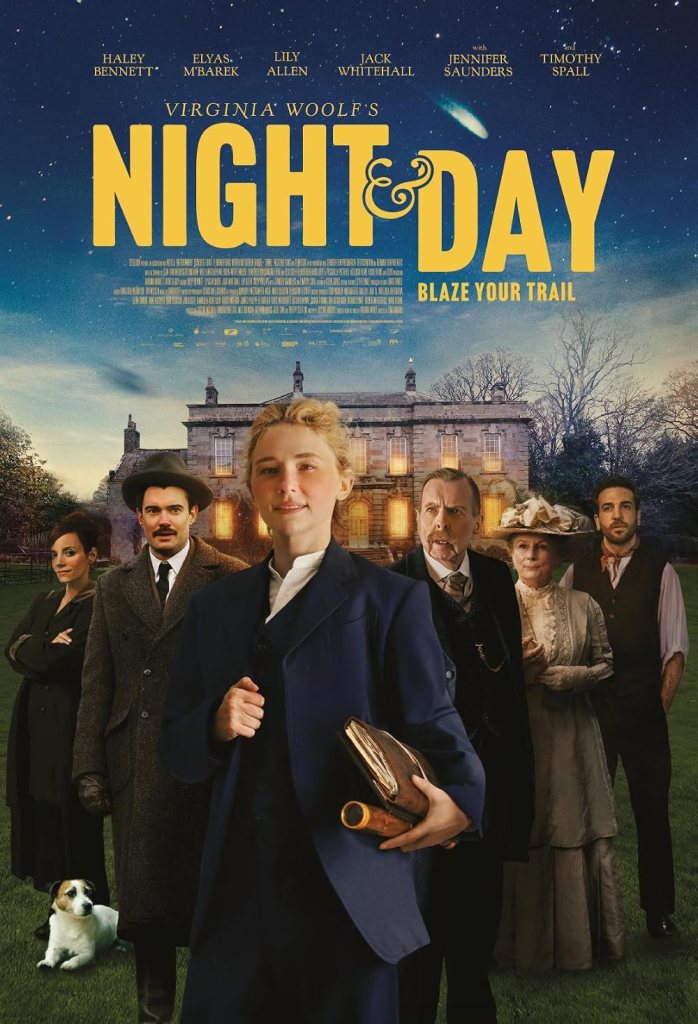 THe movie poster showing the main characters of the film in a V arrangement in front of a mansion. Katharine (Haley Bennett) is front and center wearing a suit and carrying a looking glass and a notebook.