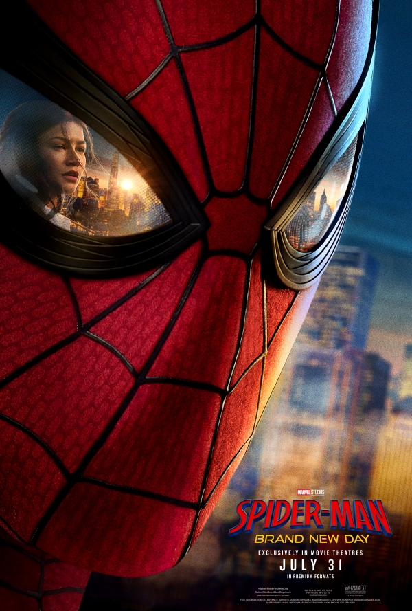 The movie poster showing a close-up of Spider-Man's mask with M.J.'s (Zendaya) reflection in one of its eyes.