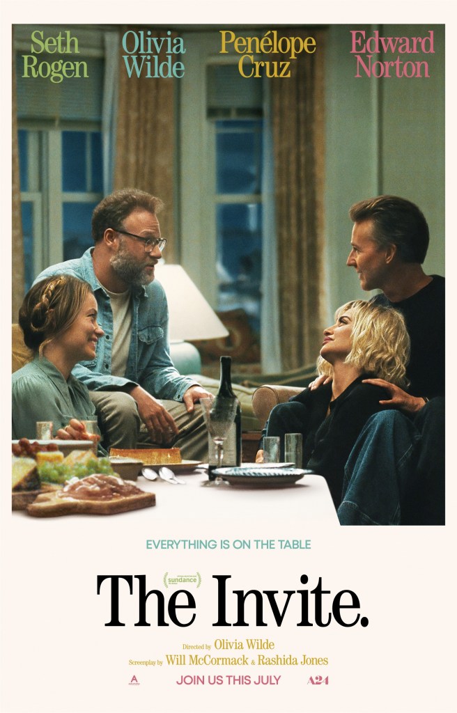 The movie poster showing Angela (Olivia Wilde) and Joe (Seth Rogen) sitting opposite Piña (Penélope Cruz) and Hawk (Edward Norton). They are looking at each other intensely and sitting very close. There is a table with wine and charcuterie.