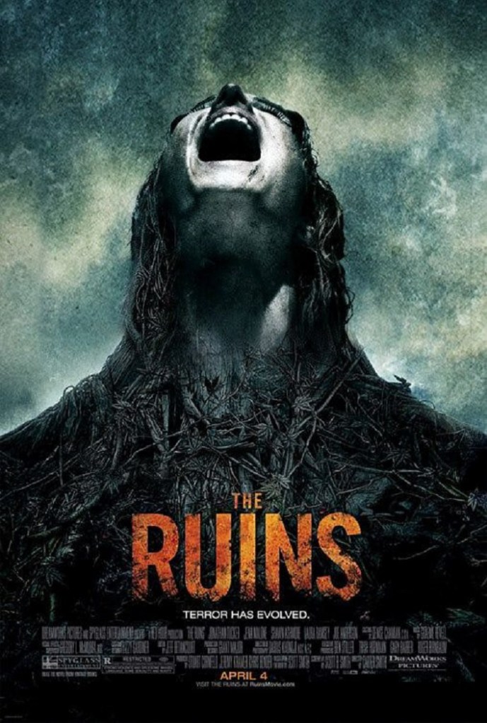 The movie poster showing a woman's head laid back as she screams. She is covered in or rather seems to turn into a vine from the neck down.